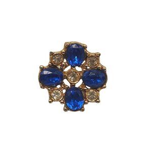 Vintage Gold Tone Pin Brooch With Blue Clear Rhinestones